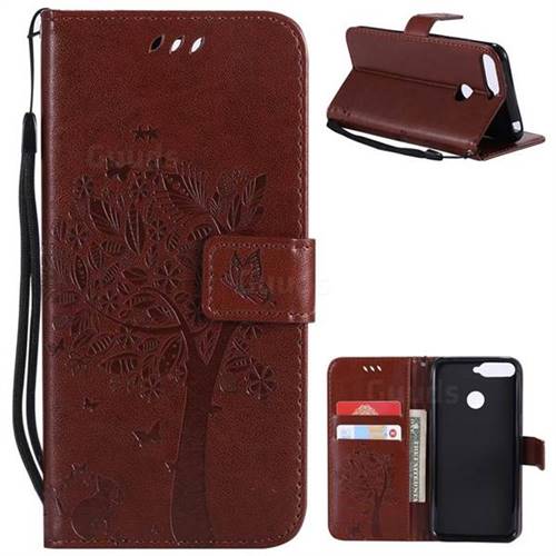 Embossing Butterfly Tree Leather Wallet Case for Huawei Y6 (2018) - Brown