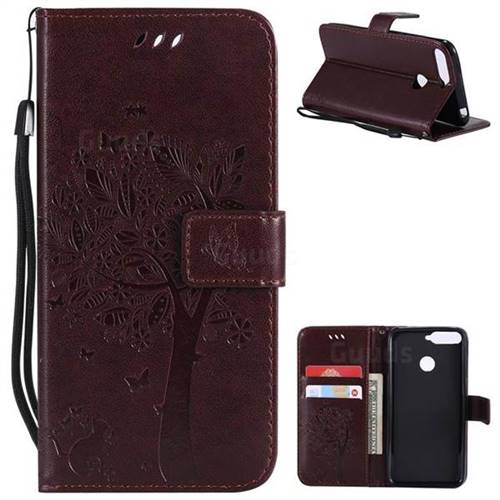 Embossing Butterfly Tree Leather Wallet Case for Huawei Y6 (2018) - Coffee