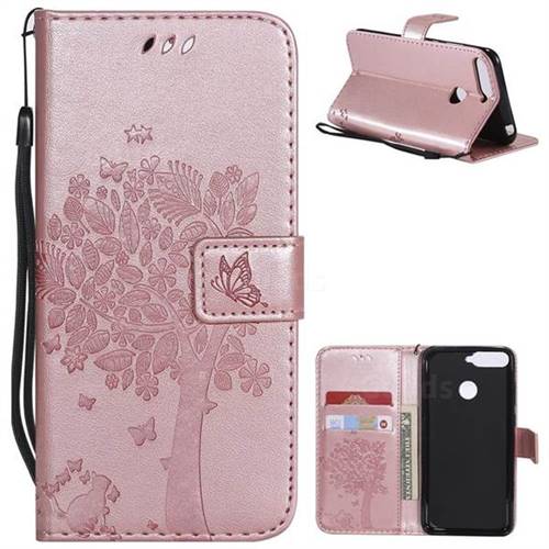 Embossing Butterfly Tree Leather Wallet Case for Huawei Y6 (2018) - Rose Pink