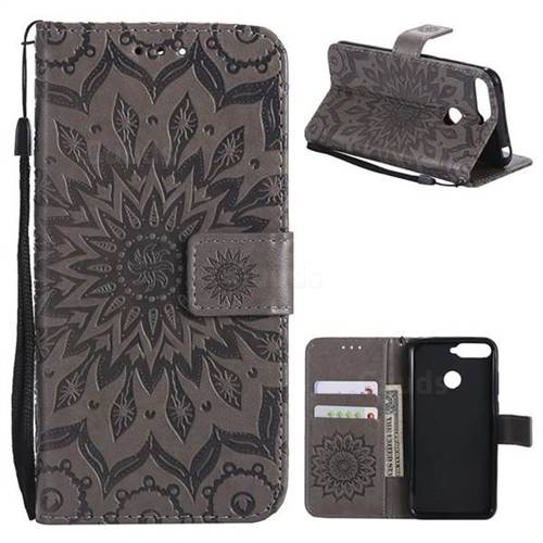 Embossing Sunflower Leather Wallet Case for Huawei Y6 (2018) - Gray