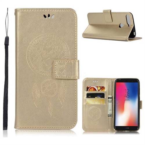 Intricate Embossing Owl Campanula Leather Wallet Case for Huawei Y6 (2018) - Champagne
