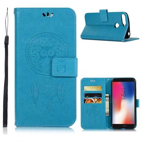 Intricate Embossing Owl Campanula Leather Wallet Case for Huawei Y6 (2018) - Blue