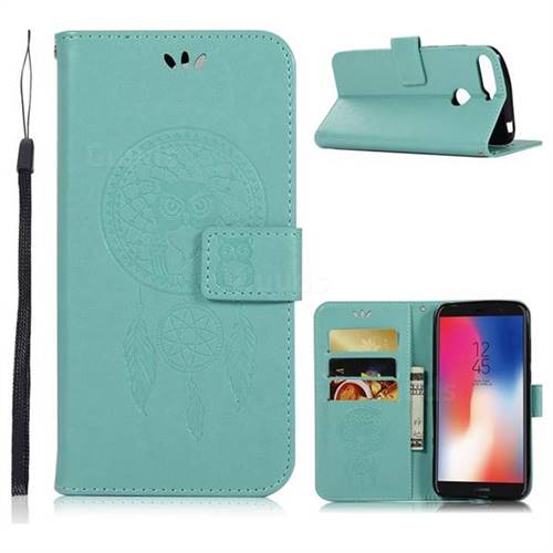 Intricate Embossing Owl Campanula Leather Wallet Case for Huawei Y6 (2018) - Green