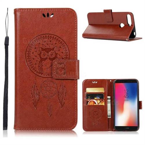 Intricate Embossing Owl Campanula Leather Wallet Case for Huawei Y6 (2018) - Brown