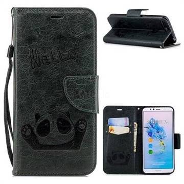 Embossing Hello Panda Leather Wallet Phone Case for Huawei Y6 (2018) - Seagreen