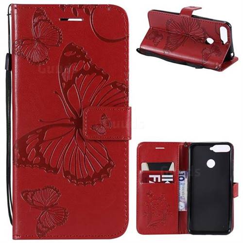 Embossing 3D Butterfly Leather Wallet Case for Huawei Y6 (2018) - Red