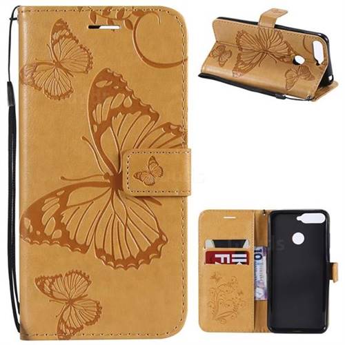 Embossing 3D Butterfly Leather Wallet Case for Huawei Y6 (2018) - Yellow
