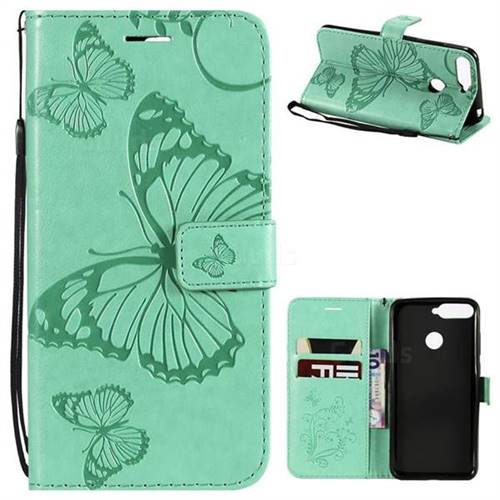 Embossing 3D Butterfly Leather Wallet Case for Huawei Y6 (2018) - Green
