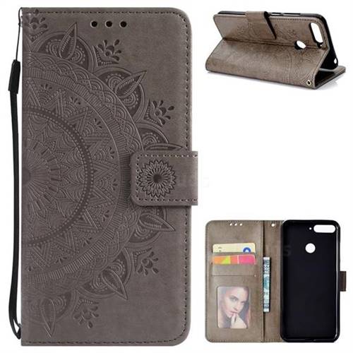 Intricate Embossing Datura Leather Wallet Case for Huawei Y6 (2018) - Gray