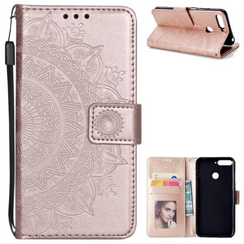 Intricate Embossing Datura Leather Wallet Case for Huawei Y6 (2018) - Rose Gold