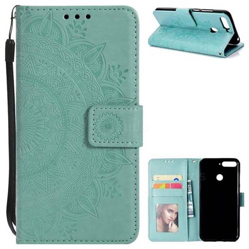 Intricate Embossing Datura Leather Wallet Case for Huawei Y6 (2018) - Mint Green