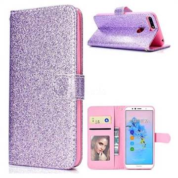 Glitter Shine Leather Wallet Phone Case for Huawei Y6 (2018) - Purple