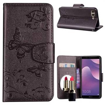 Embossing Butterfly Morning Glory Mirror Leather Wallet Case for Huawei Y6 (2018) - Silver Gray
