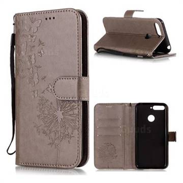 Intricate Embossing Dandelion Butterfly Leather Wallet Case for Huawei Y6 (2018) - Gray