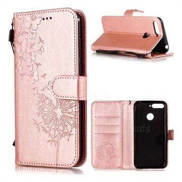 Intricate Embossing Dandelion Butterfly Leather Wallet Case for Huawei Y6 (2018) - Rose Gold