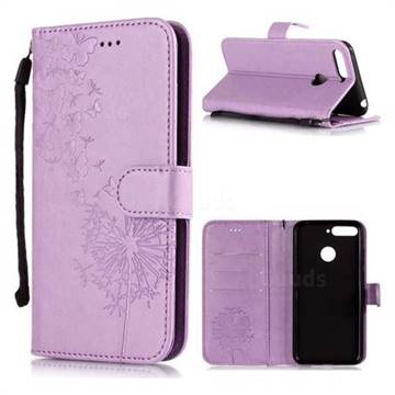 Intricate Embossing Dandelion Butterfly Leather Wallet Case for Huawei Y6 (2018) - Purple