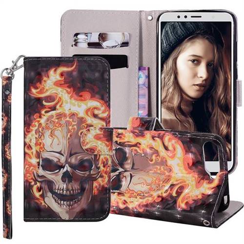 Flame Skull 3D Painted Leather Phone Wallet Case Cover for Huawei Y6 (2018)