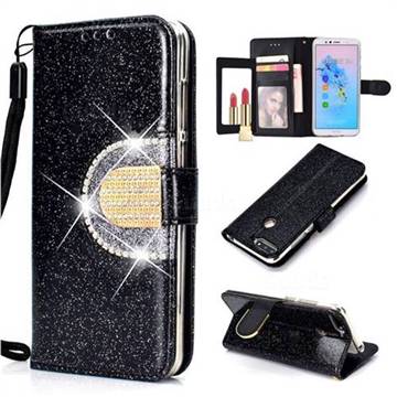 Glitter Diamond Buckle Splice Mirror Leather Wallet Phone Case for Huawei Y6 (2018) - Black