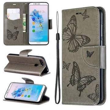 Embossing Double Butterfly Leather Wallet Case for Huawei Y6 (2018) - Gray