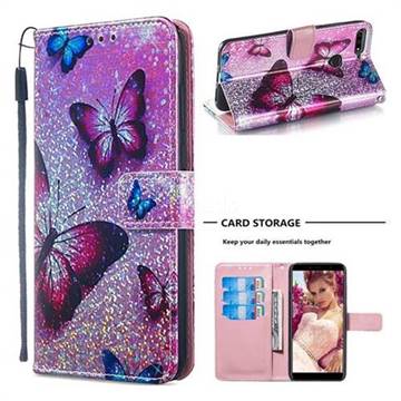 Blue Butterfly Sequins Painted Leather Wallet Case for Huawei Y6 (2018)