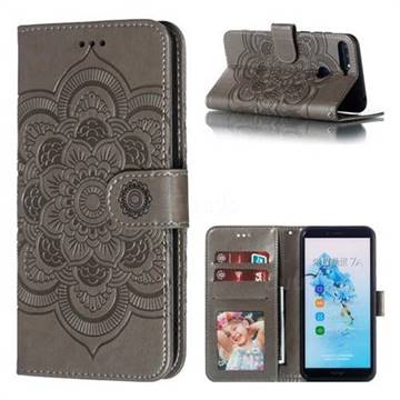 Intricate Embossing Datura Solar Leather Wallet Case for Huawei Y6 (2018) - Gray
