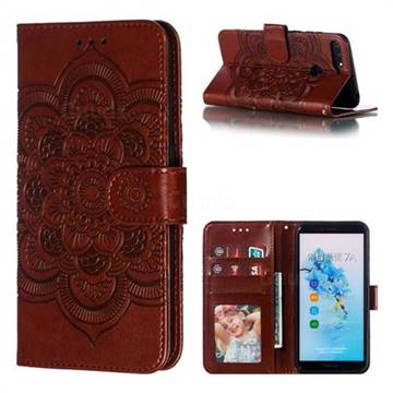 Intricate Embossing Datura Solar Leather Wallet Case for Huawei Y6 (2018) - Brown