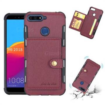 Brush Multi-function Leather Phone Case for Huawei Y6 (2018) - Wine Red