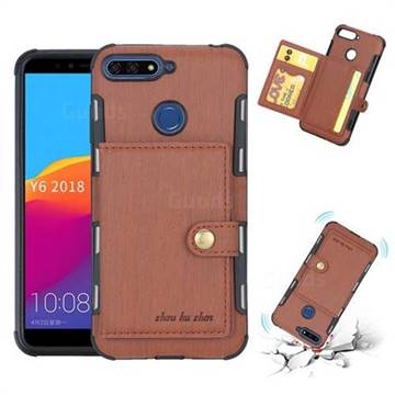 Brush Multi-function Leather Phone Case for Huawei Y6 (2018) - Brown