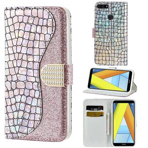 Glitter Diamond Buckle Laser Stitching Leather Wallet Phone Case for Huawei Y6 (2018) - Pink