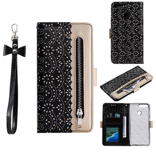 Luxury Lace Zipper Stitching Leather Phone Wallet Case for Huawei Y6 (2018) - Black