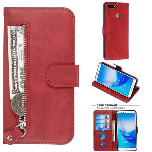 Retro Luxury Zipper Leather Phone Wallet Case for Huawei Y6 (2018) - Red