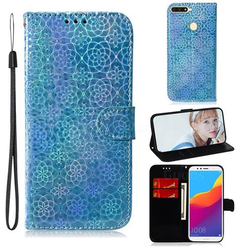 Laser Circle Shining Leather Wallet Phone Case for Huawei Y6 (2018) - Blue