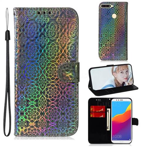 Laser Circle Shining Leather Wallet Phone Case for Huawei Y6 (2018) - Silver