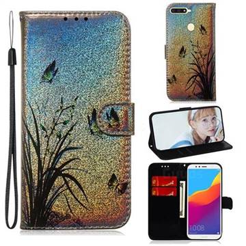 Butterfly Orchid Laser Shining Leather Wallet Phone Case for Huawei Y6 (2018)