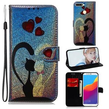 Love Cat Laser Shining Leather Wallet Phone Case for Huawei Y6 (2018)