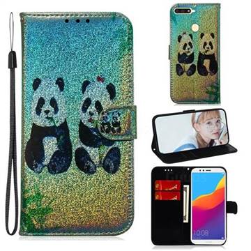 Two Pandas Laser Shining Leather Wallet Phone Case for Huawei Y6 (2018)