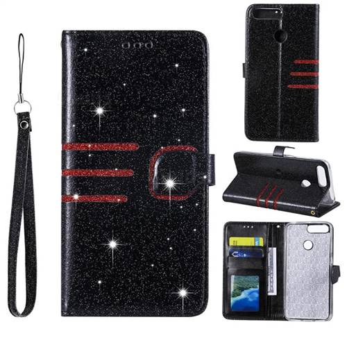 Retro Stitching Glitter Leather Wallet Phone Case for Huawei Y6 (2018) - Black