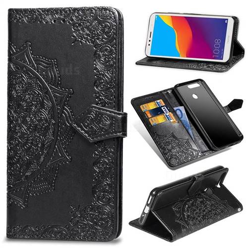 Embossing Imprint Mandala Flower Leather Wallet Case for Huawei Y6 (2018) - Black