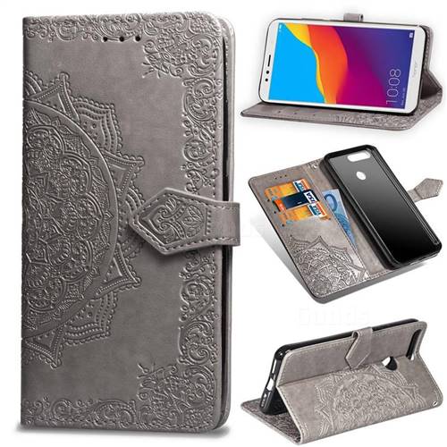 Embossing Imprint Mandala Flower Leather Wallet Case for Huawei Y6 (2018) - Gray