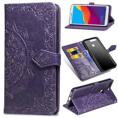 Embossing Imprint Mandala Flower Leather Wallet Case for Huawei Y6 (2018) - Purple