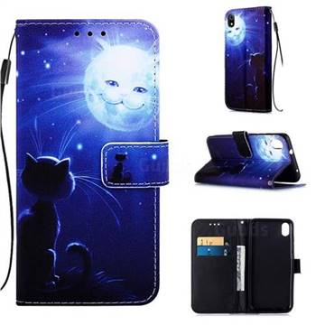 Cat and Moon Matte Leather Wallet Phone Case for Huawei Y6 (2018)