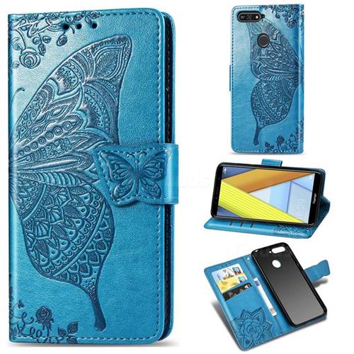 Embossing Mandala Flower Butterfly Leather Wallet Case for Huawei Y6 (2018) - Blue