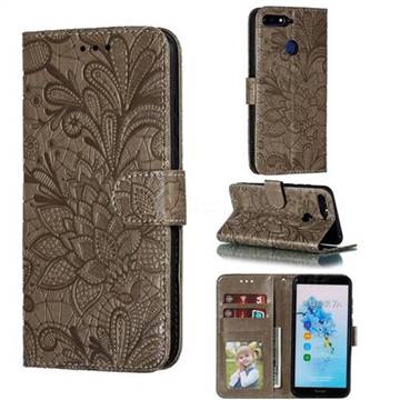 Intricate Embossing Lace Jasmine Flower Leather Wallet Case for Huawei Y6 (2018) - Gray