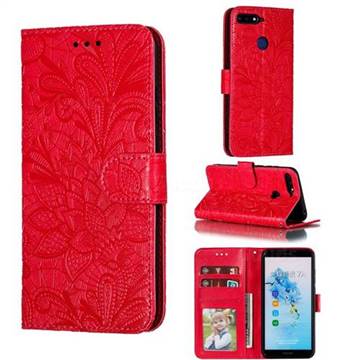 Intricate Embossing Lace Jasmine Flower Leather Wallet Case for Huawei Y6 (2018) - Red