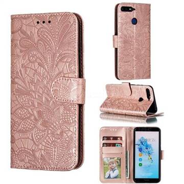 Intricate Embossing Lace Jasmine Flower Leather Wallet Case for Huawei Y6 (2018) - Rose Gold