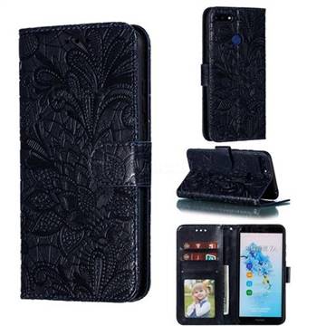 Intricate Embossing Lace Jasmine Flower Leather Wallet Case for Huawei Y6 (2018) - Dark Blue