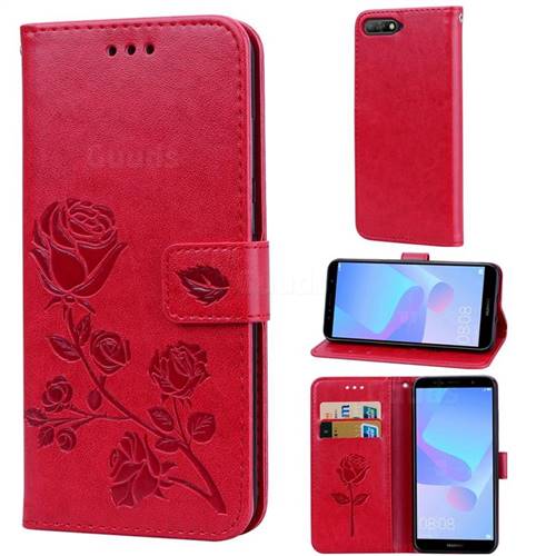 Embossing Rose Flower Leather Wallet Case for Huawei Y6 (2018) - Red