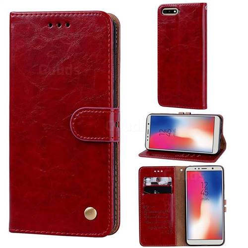 Luxury Retro Oil Wax PU Leather Wallet Phone Case for Huawei Y6 (2018) - Brown Red