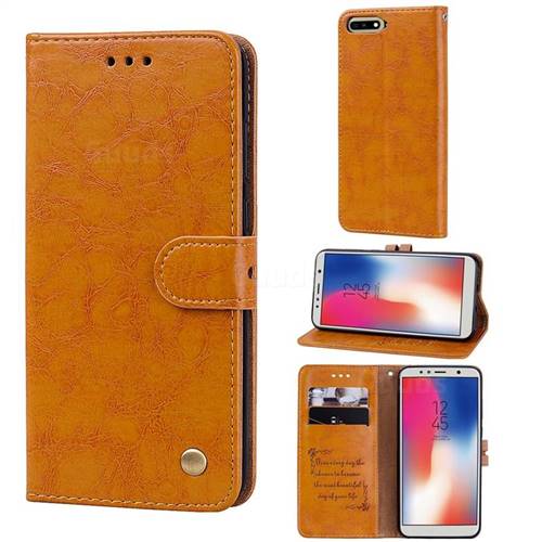 Luxury Retro Oil Wax PU Leather Wallet Phone Case for Huawei Y6 (2018) - Orange Yellow