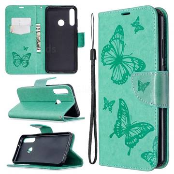 Embossing Double Butterfly Leather Wallet Case for Huawei Y6p - Green